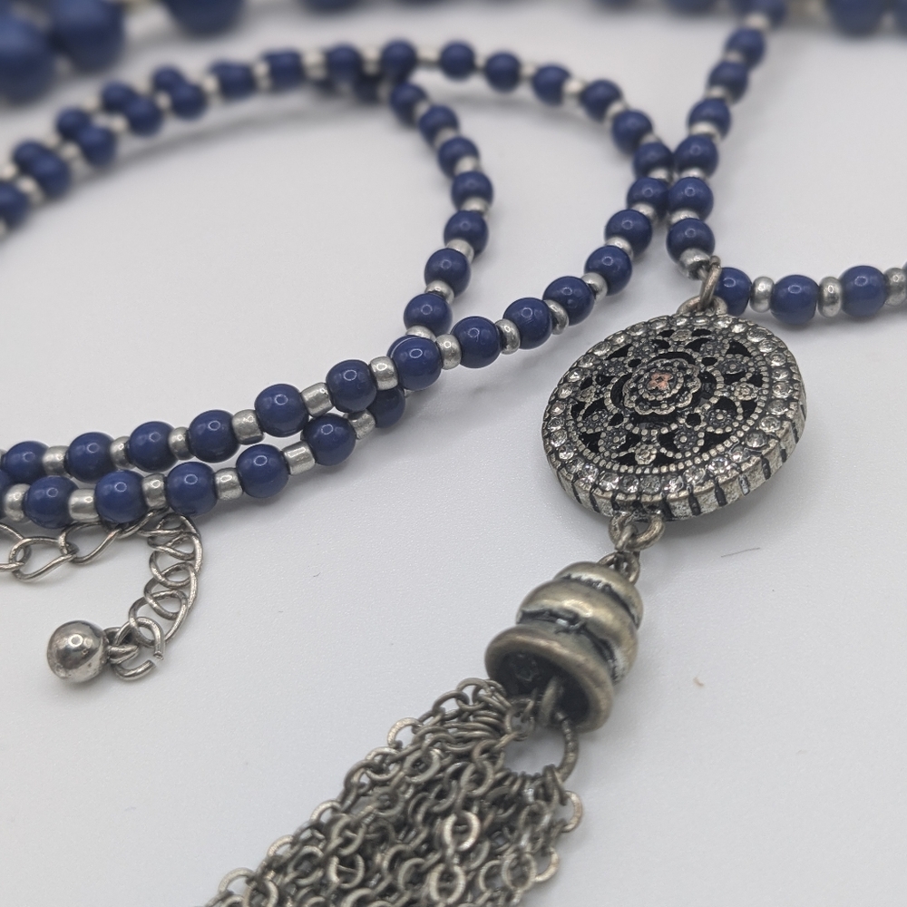 Long Blue Beaded Necklace With Tassel Boho Layering
